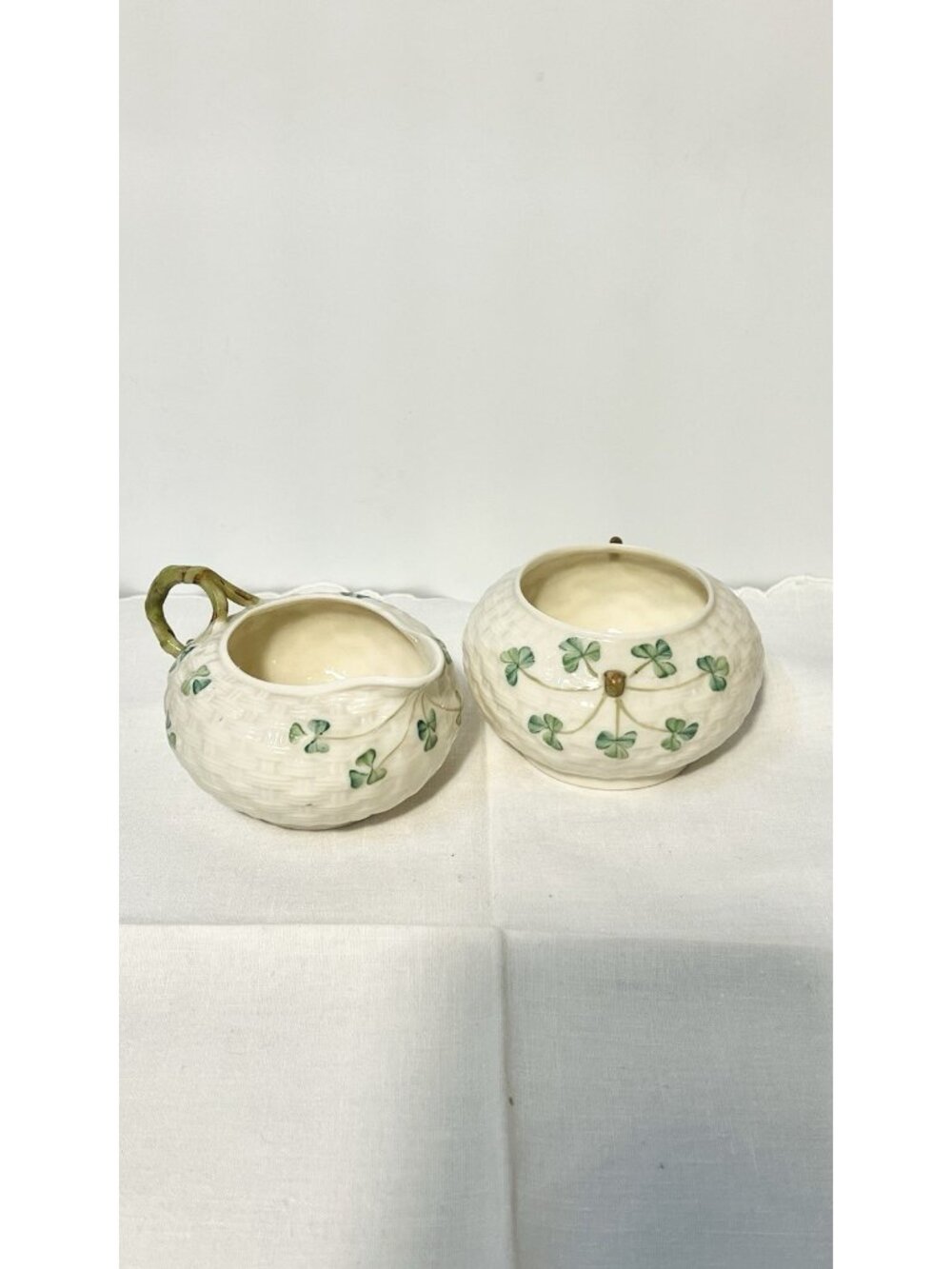 Vintage Belleek Creamer & Sugar Set Basketweave Shamrocks